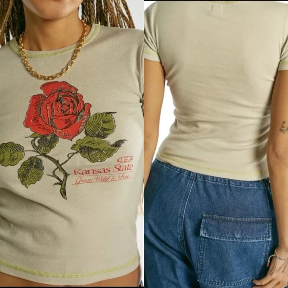 BDG Urban Outfitter Womens Small Neutral Kansas Rose Graphic Baby Tee Flaws